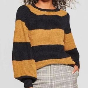 Who What Wear balloon sleeve sweater - striped black and orange / brown